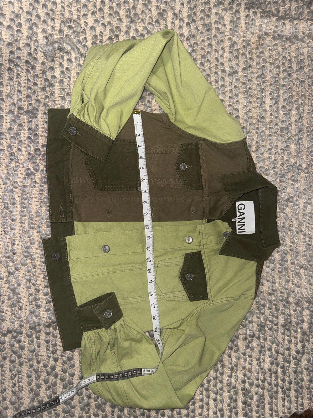 Ganni Two-Tone Olive and Lime Green Jean Jacket - Picture 6 of 11
